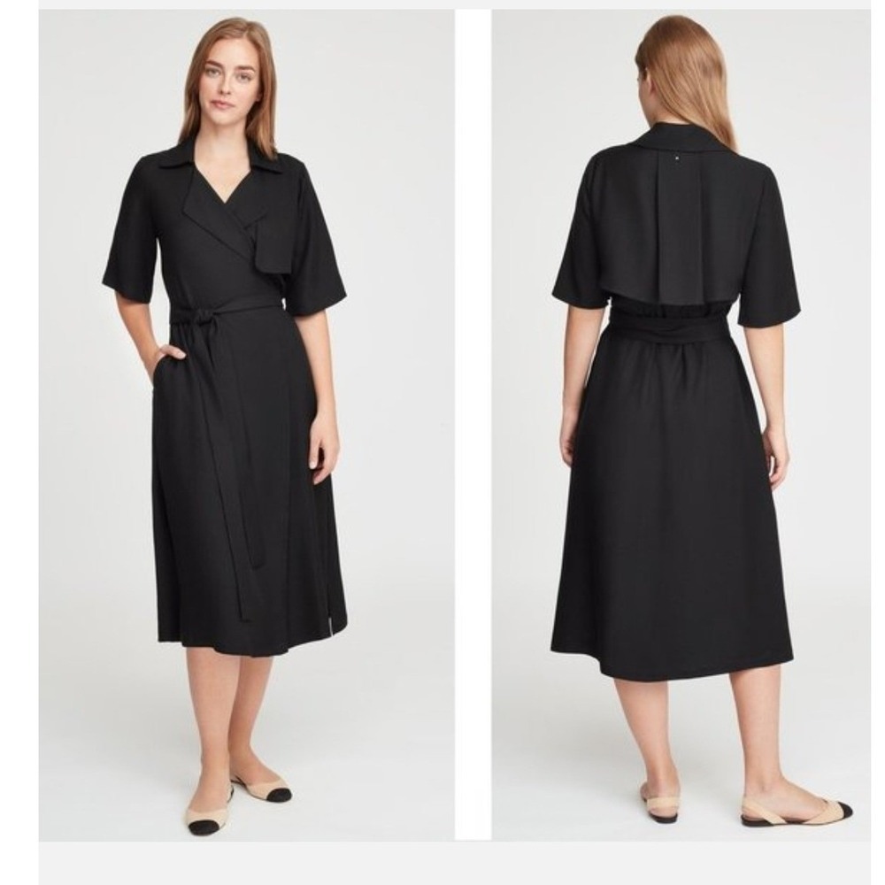 Cuyana Black Trench Midi Dress Cupro Tencel Wrap Short Sleeve XS